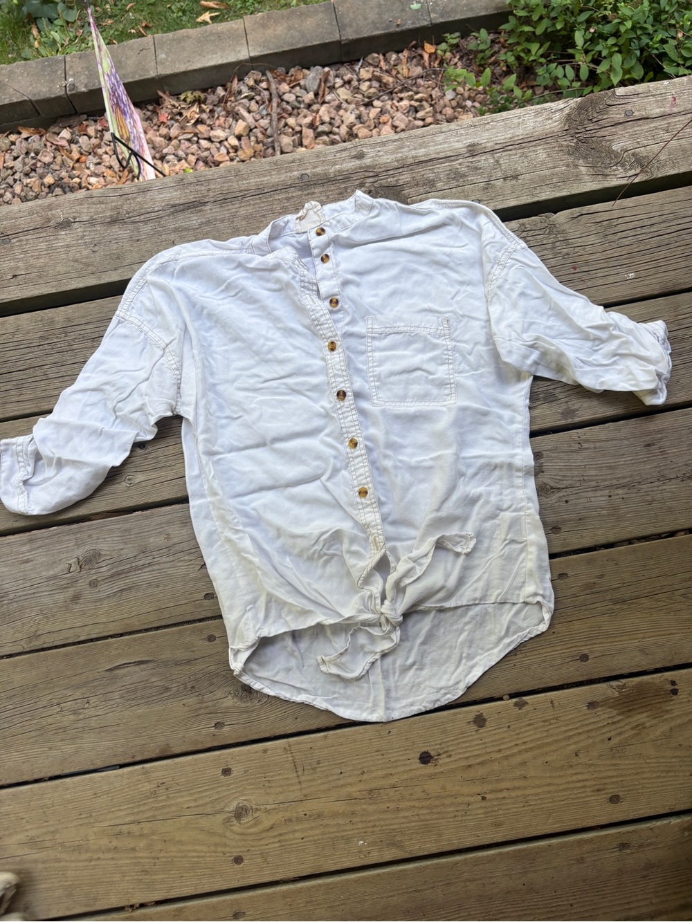 Harper White Button-Front Tie Hem Shirt blouse natural casual top twill